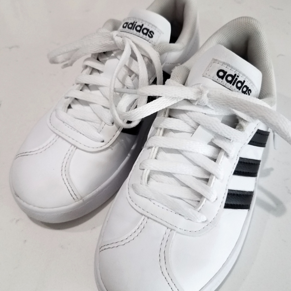 Adidas Grand Court White Leather 3-Stripe Lace Up Sneakers - Little Kid